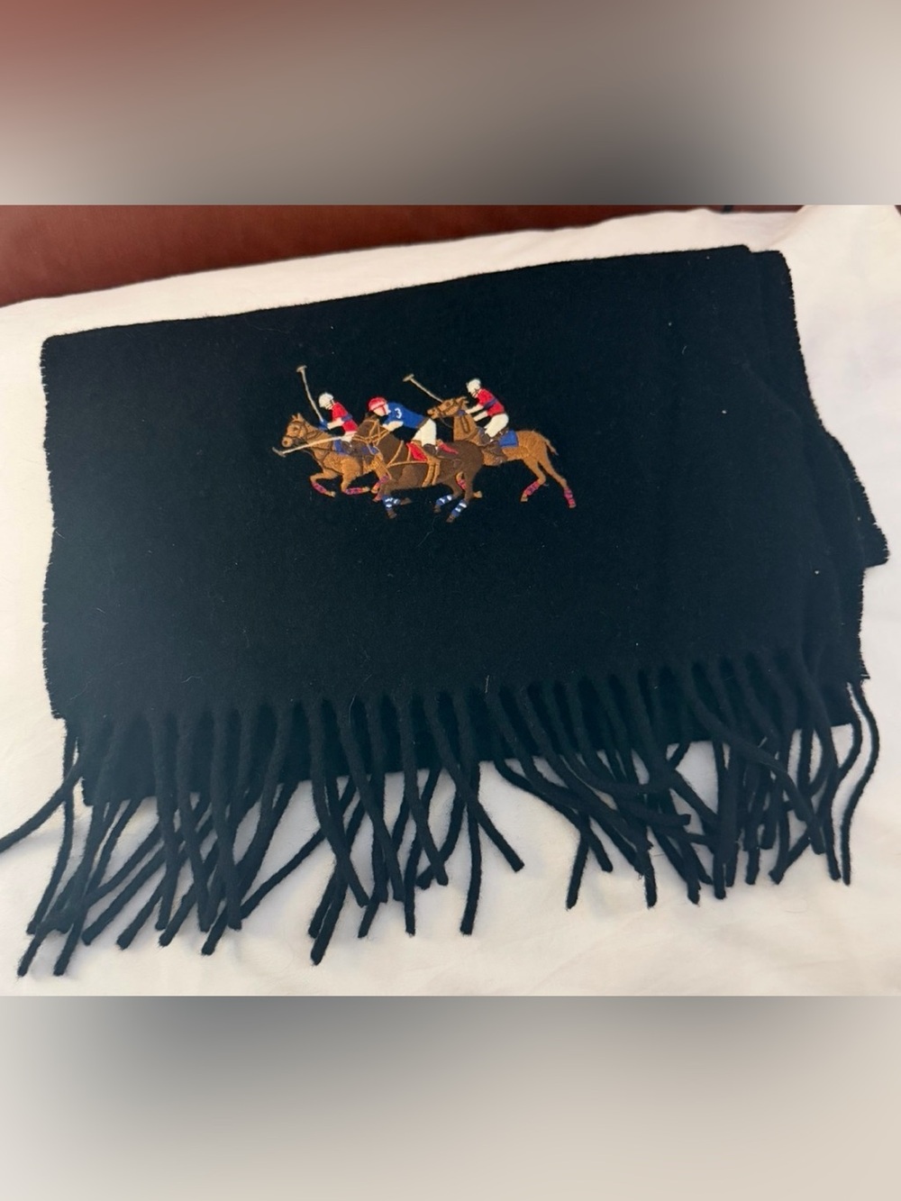 Polo Ralph Lauren Men's Black 100% Lambswool Polo Player Fringe Scarf Italy